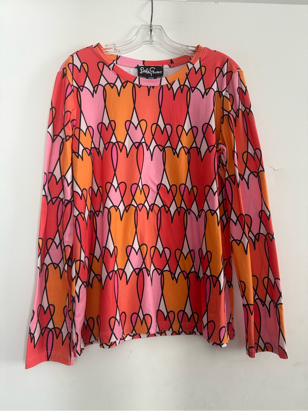 Lesley Evers Size XL Long Sleeve Crewneck Top Graphic Hearts Colorful Art Print